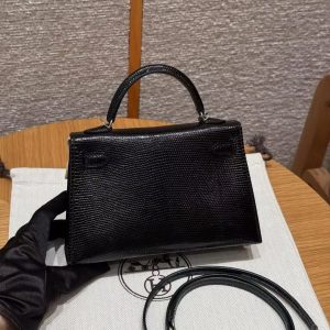Hermes Kelly Mini 2 19CM Bag Handmade In Lizard Leather from South Africa Silver Hardware 89 Noir - Image 2