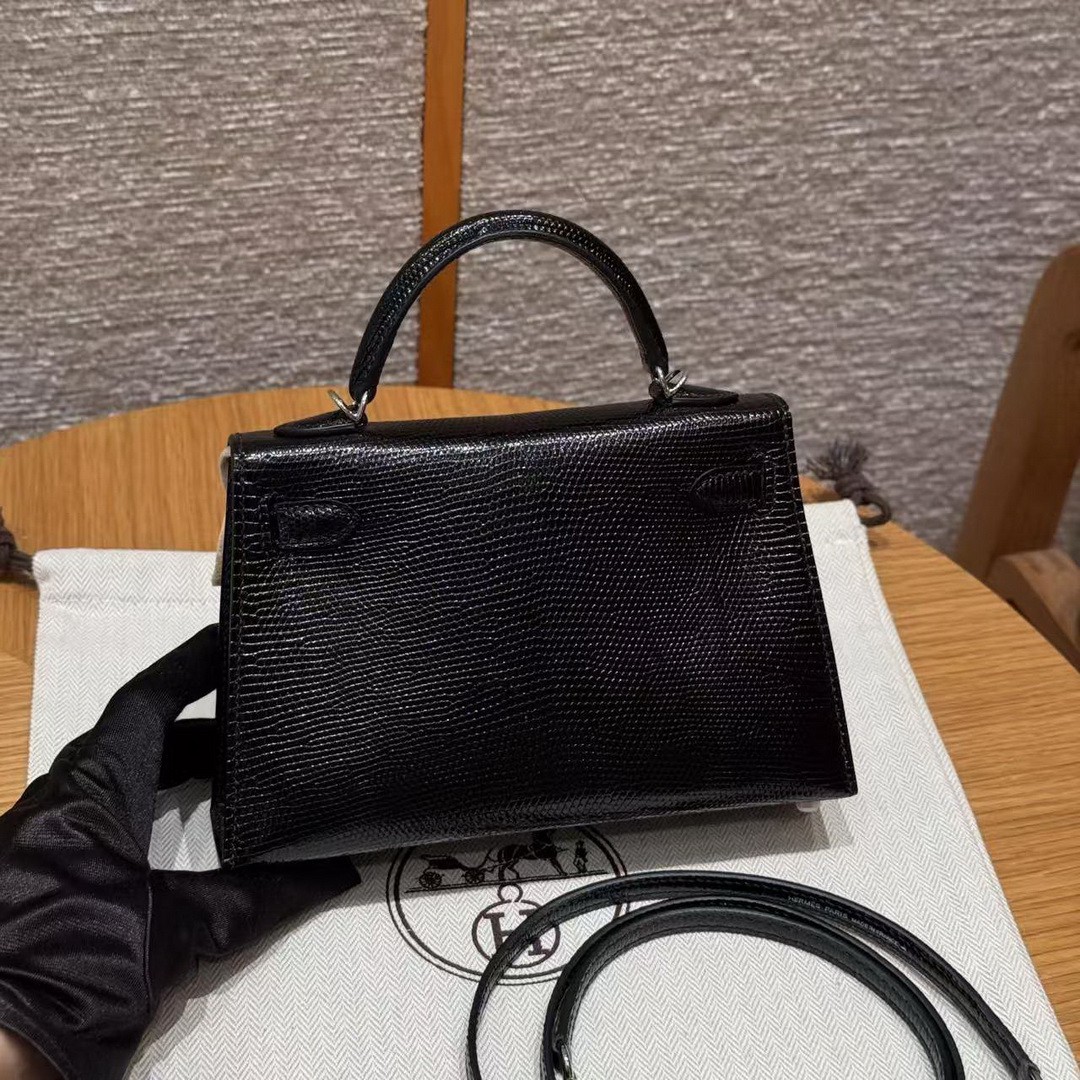 Hermes Kelly Mini 2 19CM Bag Handmade In Lizard Leather from South Africa Silver Hardware 89 Noir - Image 2