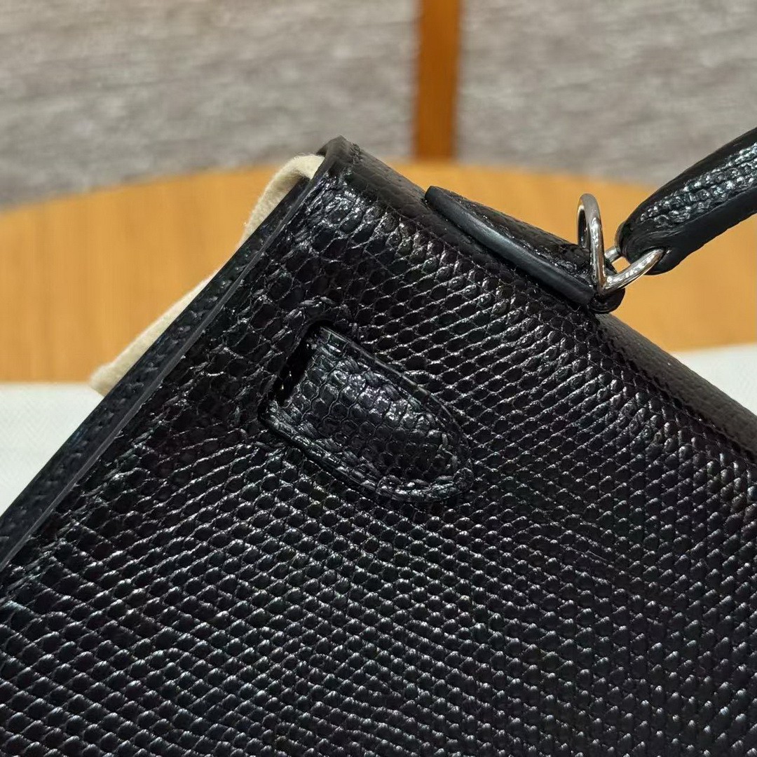 Hermes Kelly Mini 2 19CM Bag Handmade In Lizard Leather from South Africa Silver Hardware 89 Noir - Image 23