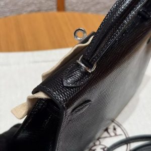 Hermes Kelly Mini 2 19CM Bag Handmade In Lizard Leather from South Africa Silver Hardware 89 Noir - Image 22