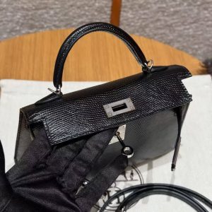 Hermes Kelly Mini 2 19CM Bag Handmade In Lizard Leather from South Africa Silver Hardware 89 Noir - Image 18