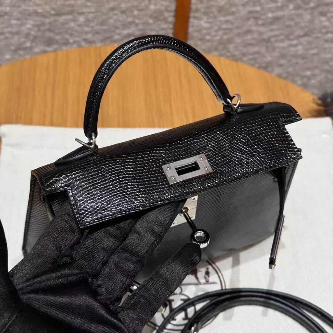 Hermes Kelly Mini 2 19CM Bag Handmade In Lizard Leather from South Africa Silver Hardware 89 Noir - Image 18