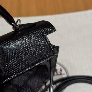 Hermes Kelly Mini 2 19CM Bag Handmade In Lizard Leather from South Africa Silver Hardware 89 Noir - Image 16