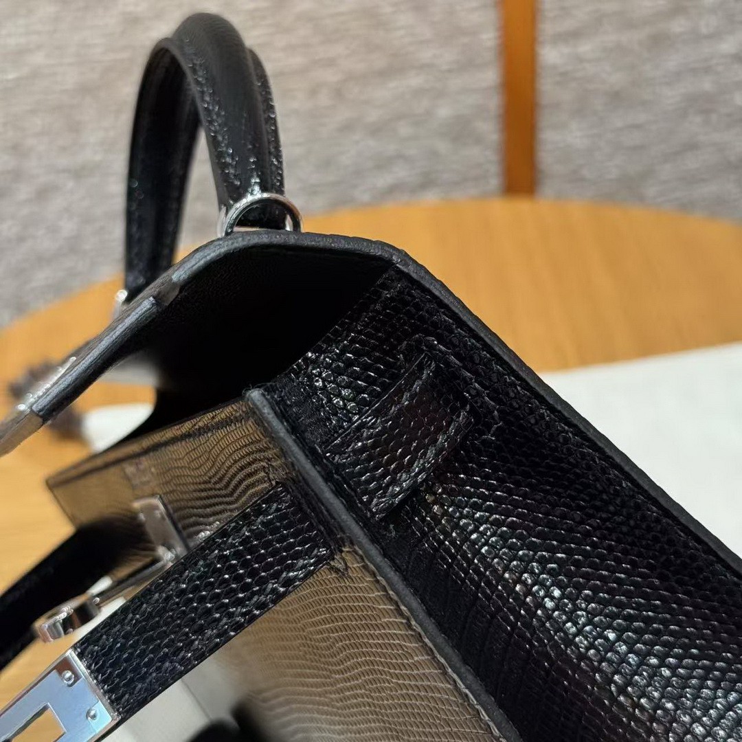Hermes Kelly Mini 2 19CM Bag Handmade In Lizard Leather from South Africa Silver Hardware 89 Noir - Image 14