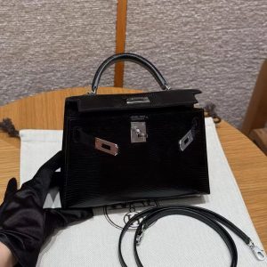 Hermes Kelly Mini 2 19CM Bag Handmade In Lizard Leather from South Africa Silver Hardware 89 Noir - Image 10