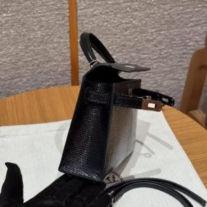 Hermes Kelly Mini 2 19CM Bag Handmade In Lizard Leather from South Africa Silver Hardware 89 Noir - Image 7