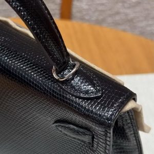 Hermes Kelly Mini 2 19CM Bag Handmade In Lizard Leather from South Africa Silver Hardware 89 Noir - Image 5