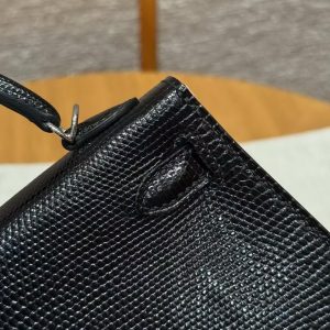 Hermes Kelly Mini 2 19CM Bag Handmade In Lizard Leather from South Africa Silver Hardware 89 Noir - Image 4