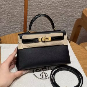 Hermes Kelly Mini 2 19CM Bag Handmade In Madame and Alligator Leather Gold Hardware 89 Noir