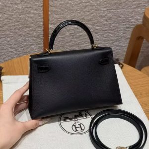 Hermes Kelly Mini 2 19CM Bag Handmade In Madame and Alligator Leather Gold Hardware 89 Noir - Image 22
