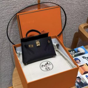 Hermes Kelly Mini 2 19CM Bag Handmade In Madame and Alligator Leather Gold Hardware 89 Noir - Image 15
