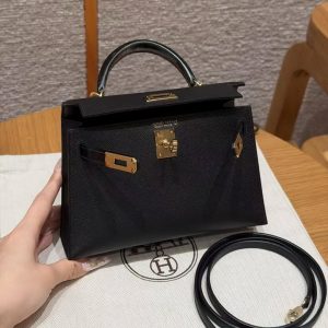 Hermes Kelly Mini 2 19CM Bag Handmade In Madame and Alligator Leather Gold Hardware 89 Noir - Image 14