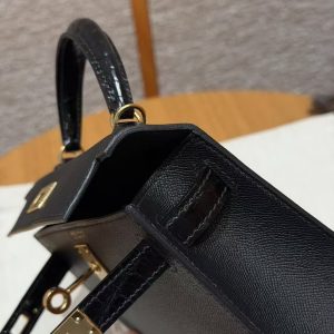Hermes Kelly Mini 2 19CM Bag Handmade In Madame and Alligator Leather Gold Hardware 89 Noir - Image 12