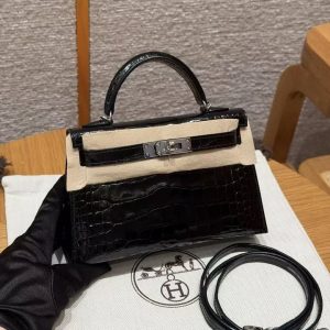 Hermes Kelly Mini 2 19CM Bag Handmade In Porosus Leather Silver Hardware 89 Noir