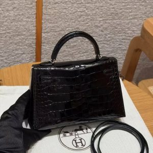 Hermes Kelly Mini 2 19CM Bag Handmade In Porosus Leather Silver Hardware 89 Noir - Image 2
