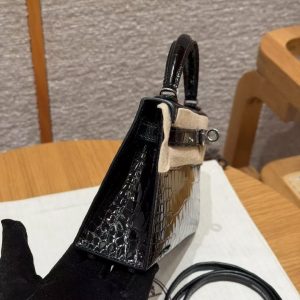 Hermes Kelly Mini 2 19CM Bag Handmade In Porosus Leather Silver Hardware 89 Noir - Image 24
