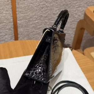 Hermes Kelly Mini 2 19CM Bag Handmade In Porosus Leather Silver Hardware 89 Noir - Image 23