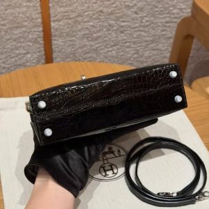 Hermes Kelly Mini 2 19CM Bag Handmade In Porosus Leather Silver Hardware 89 Noir - Image 22