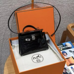 Hermes Kelly Mini 2 19CM Bag Handmade In Porosus Leather Silver Hardware 89 Noir - Image 17
