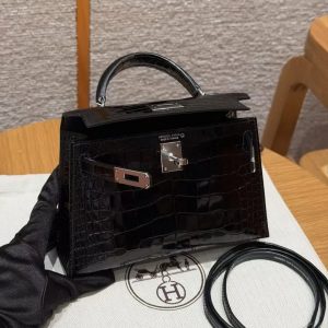 Hermes Kelly Mini 2 19CM Bag Handmade In Porosus Leather Silver Hardware 89 Noir - Image 16