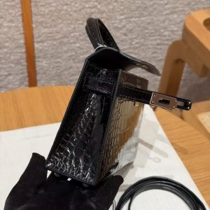Hermes Kelly Mini 2 19CM Bag Handmade In Porosus Leather Silver Hardware 89 Noir - Image 15