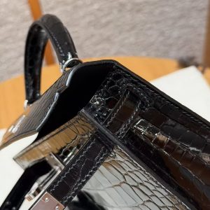 Hermes Kelly Mini 2 19CM Bag Handmade In Porosus Leather Silver Hardware 89 Noir - Image 14