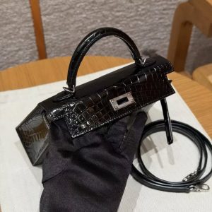 Hermes Kelly Mini 2 19CM Bag Handmade In Porosus Leather Silver Hardware 89 Noir - Image 13