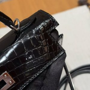 Hermes Kelly Mini 2 19CM Bag Handmade In Porosus Leather Silver Hardware 89 Noir - Image 12