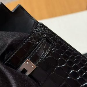 Hermes Kelly Mini 2 19CM Bag Handmade In Porosus Leather Silver Hardware 89 Noir - Image 11