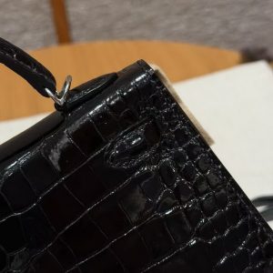 Hermes Kelly Mini 2 19CM Bag Handmade In Porosus Leather Silver Hardware 89 Noir - Image 9