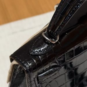 Hermes Kelly Mini 2 19CM Bag Handmade In Porosus Leather Silver Hardware 89 Noir - Image 8