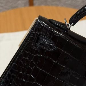 Hermes Kelly Mini 2 19CM Bag Handmade In Porosus Leather Silver Hardware 89 Noir - Image 7