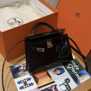 Hermes Kelly Mini 2 19CM Bag Handmade In Porosus Leather Silver Hardware 89 Noir - Image 3