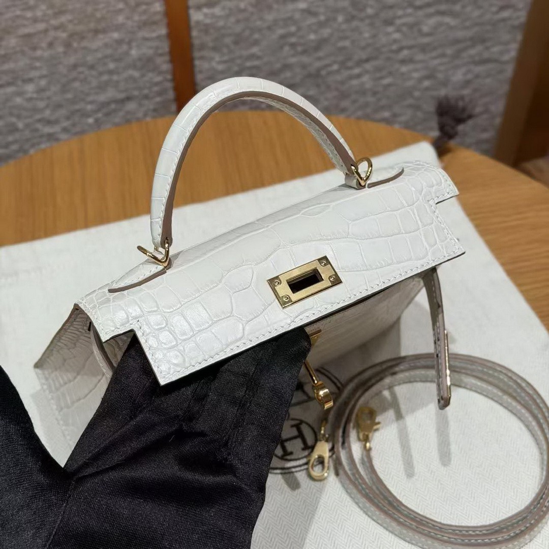 Hermes Kelly Mini 2 19CM Bag Handmade In Matte Alligator Leather from Mississippi Gold Hardware 8L Beton - Image 14