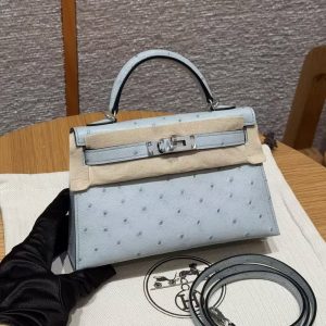 Hermes Kelly Mini 2 19CM Bag Handmade In KK Ostrich Leather from South Africa Silver Hardware 8U Blue Glacier