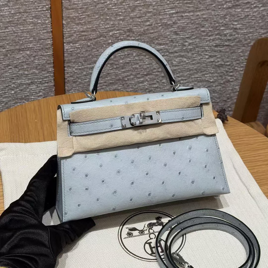Hermes Kelly Mini 2 19CM Bag Handmade In KK Ostrich Leather from South Africa Silver Hardware 8U Blue Glacier