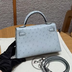 Hermes Kelly Mini 2 19CM Bag Handmade In KK Ostrich Leather from South Africa Silver Hardware 8U Blue Glacier - Image 2