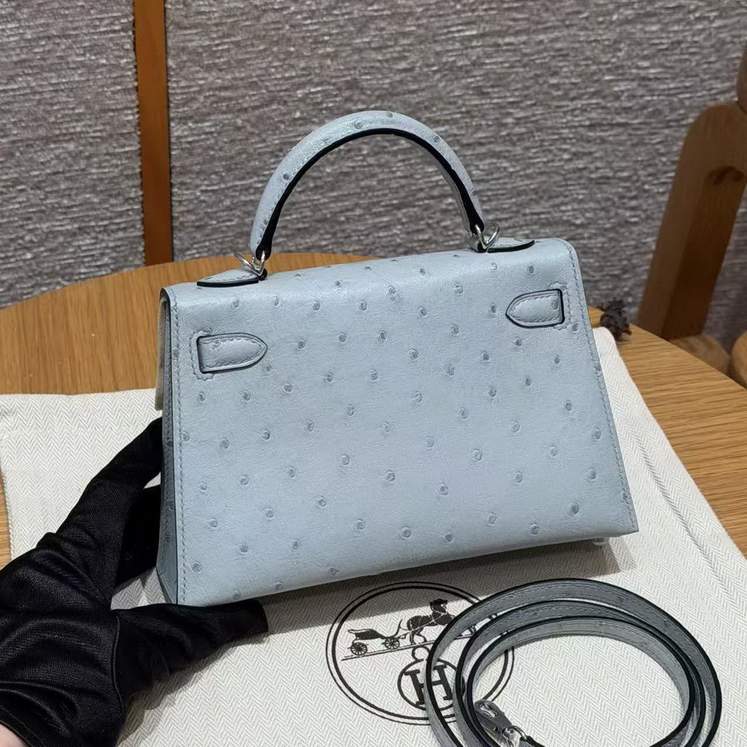 Hermes Kelly Mini 2 19CM Bag Handmade In KK Ostrich Leather from South Africa Silver Hardware 8U Blue Glacier - Image 2