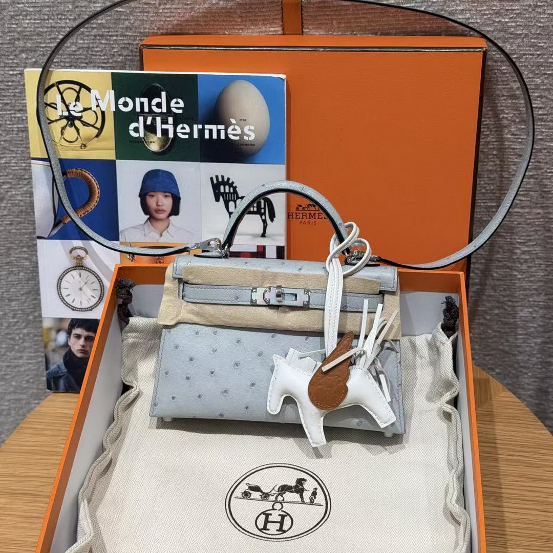 Hermes Kelly Mini 2 19CM Bag Handmade In KK Ostrich Leather from South Africa Silver Hardware 8U Blue Glacier - Image 16