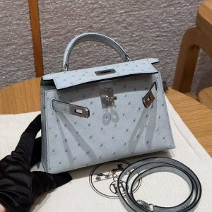 Hermes Kelly Mini 2 19CM Bag Handmade In KK Ostrich Leather from South Africa Silver Hardware 8U Blue Glacier - Image 15