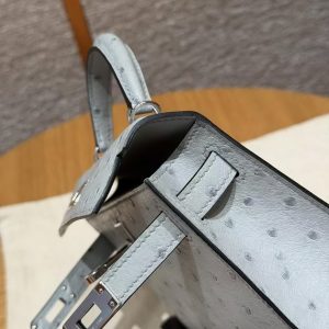Hermes Kelly Mini 2 19CM Bag Handmade In KK Ostrich Leather from South Africa Silver Hardware 8U Blue Glacier - Image 13