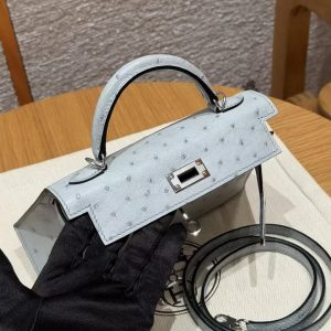 Hermes Kelly Mini 2 19CM Bag Handmade In KK Ostrich Leather from South Africa Silver Hardware 8U Blue Glacier - Image 12
