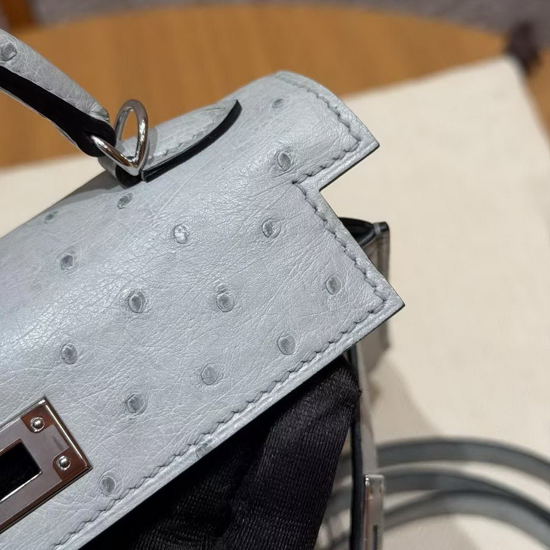 Hermes Kelly Mini 2 19CM Bag Handmade In KK Ostrich Leather from South Africa Silver Hardware 8U Blue Glacier - Image 11