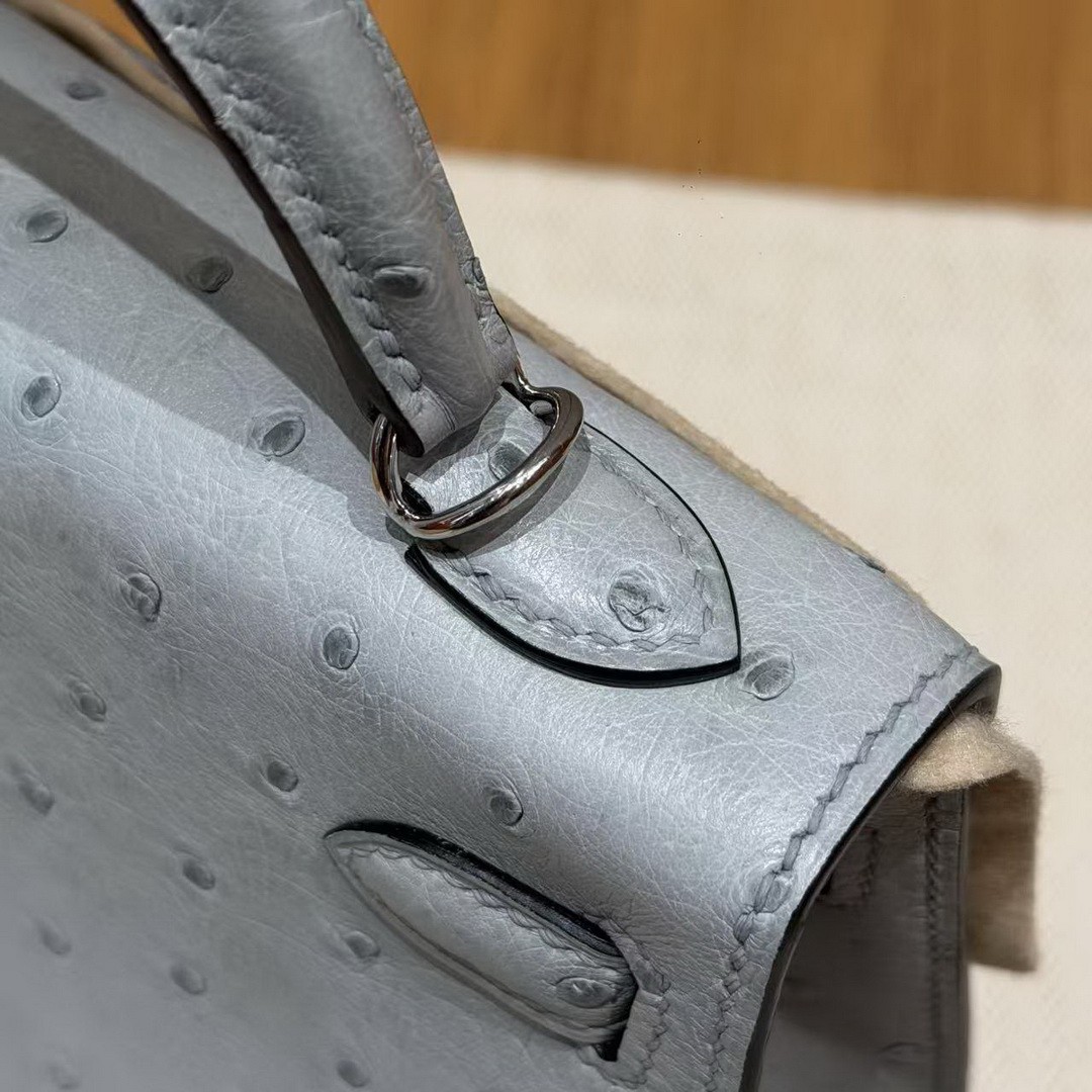 Hermes Kelly Mini 2 19CM Bag Handmade In KK Ostrich Leather from South Africa Silver Hardware 8U Blue Glacier - Image 8