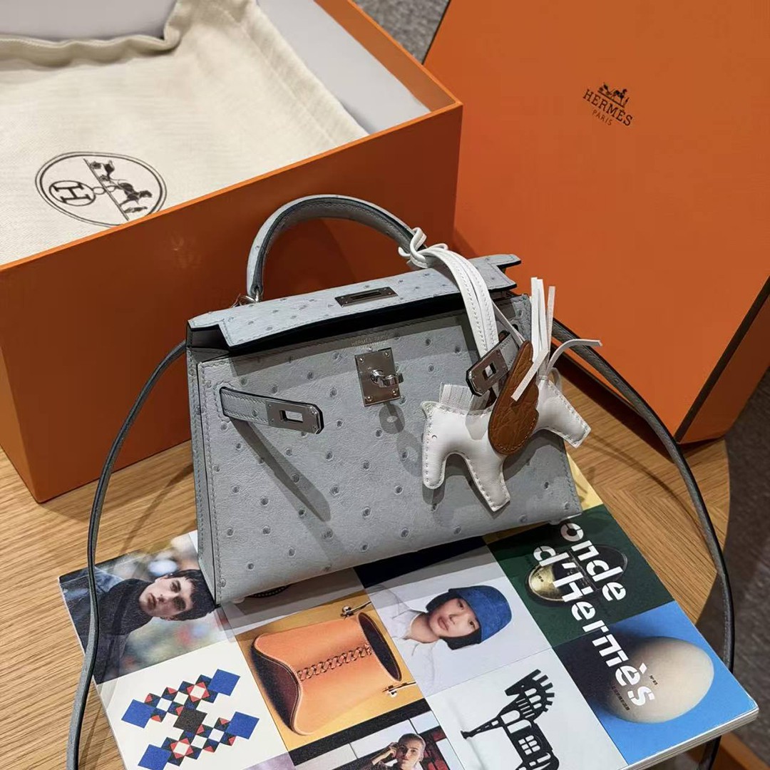 Hermes Kelly Mini 2 19CM Bag Handmade In KK Ostrich Leather from South Africa Silver Hardware 8U Blue Glacier - Image 4