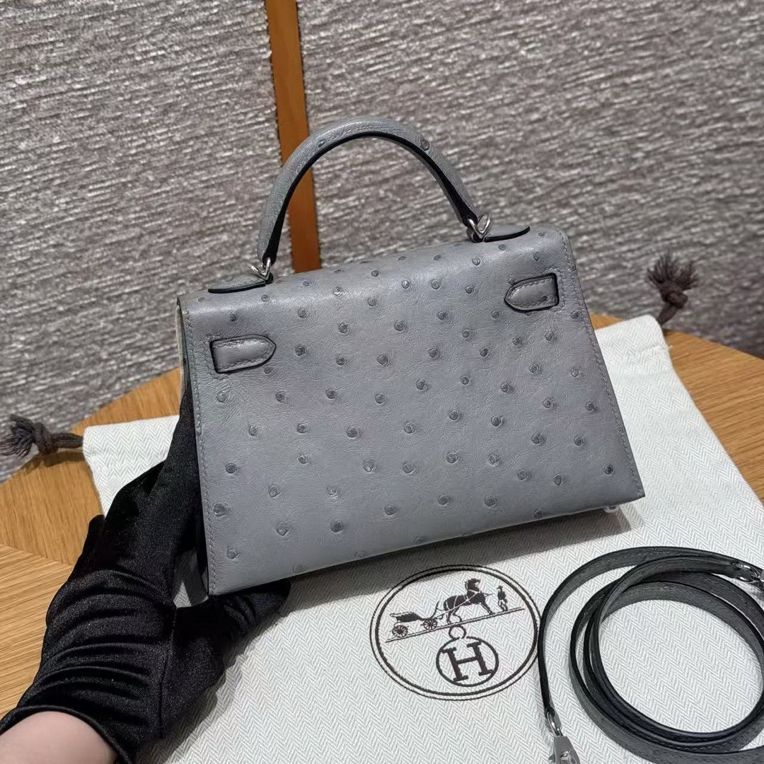 Hermes Kelly Mini 2 19CM Bag Handmade In KK Ostrich Leather from South Africa Silver Hardware 8u Blue Giacier - Image 2