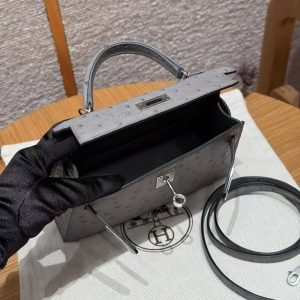 Hermes Kelly Mini 2 19CM Bag Handmade In KK Ostrich Leather from South Africa Silver Hardware 8u Blue Giacier - Image 17