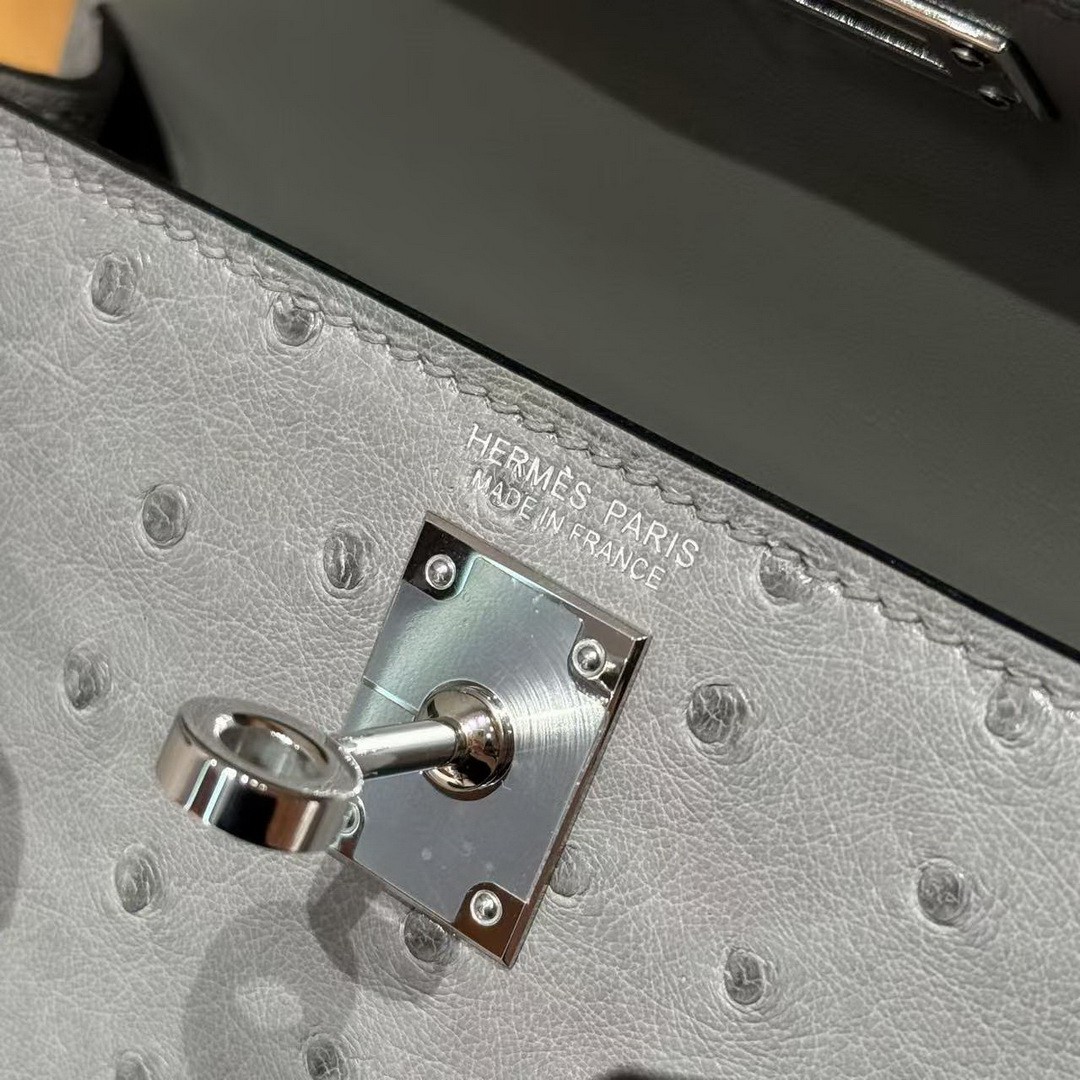 Hermes Kelly Mini 2 19CM Bag Handmade In KK Ostrich Leather from South Africa Silver Hardware 8u Blue Giacier - Image 16