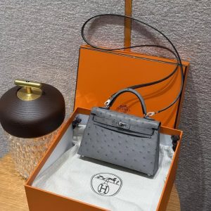 Hermes Kelly Mini 2 19CM Bag Handmade In KK Ostrich Leather from South Africa Silver Hardware 8u Blue Giacier - Image 12