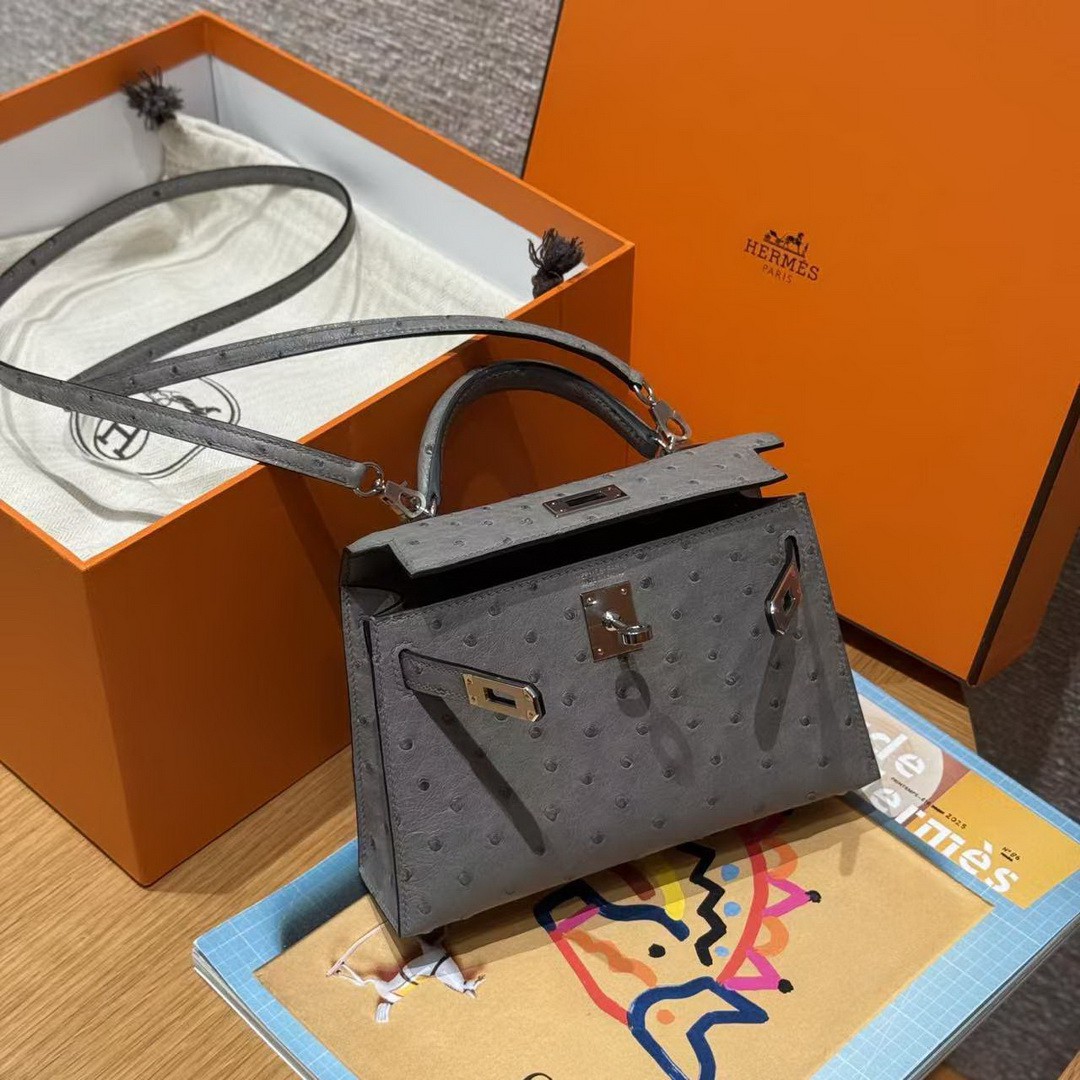 Hermes Kelly Mini 2 19CM Bag Handmade In KK Ostrich Leather from South Africa Silver Hardware 8u Blue Giacier - Image 10